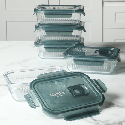 Martha Stewart Shadowbrook 10-Piece Borosilicate Glass Storage Container Set – Airtight Locking Lids, 21.6 oz Meal Prep, Leftover & Lunch Containers, Microwave, Oven & Dishwasher Safe