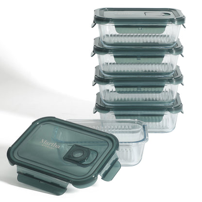 Martha Stewart Shadowbrook 10-Piece Borosilicate Glass Storage Container Set – Airtight Locking Lids, 21.6 oz Meal Prep, Leftover & Lunch Containers, Microwave, Oven & Dishwasher Safe