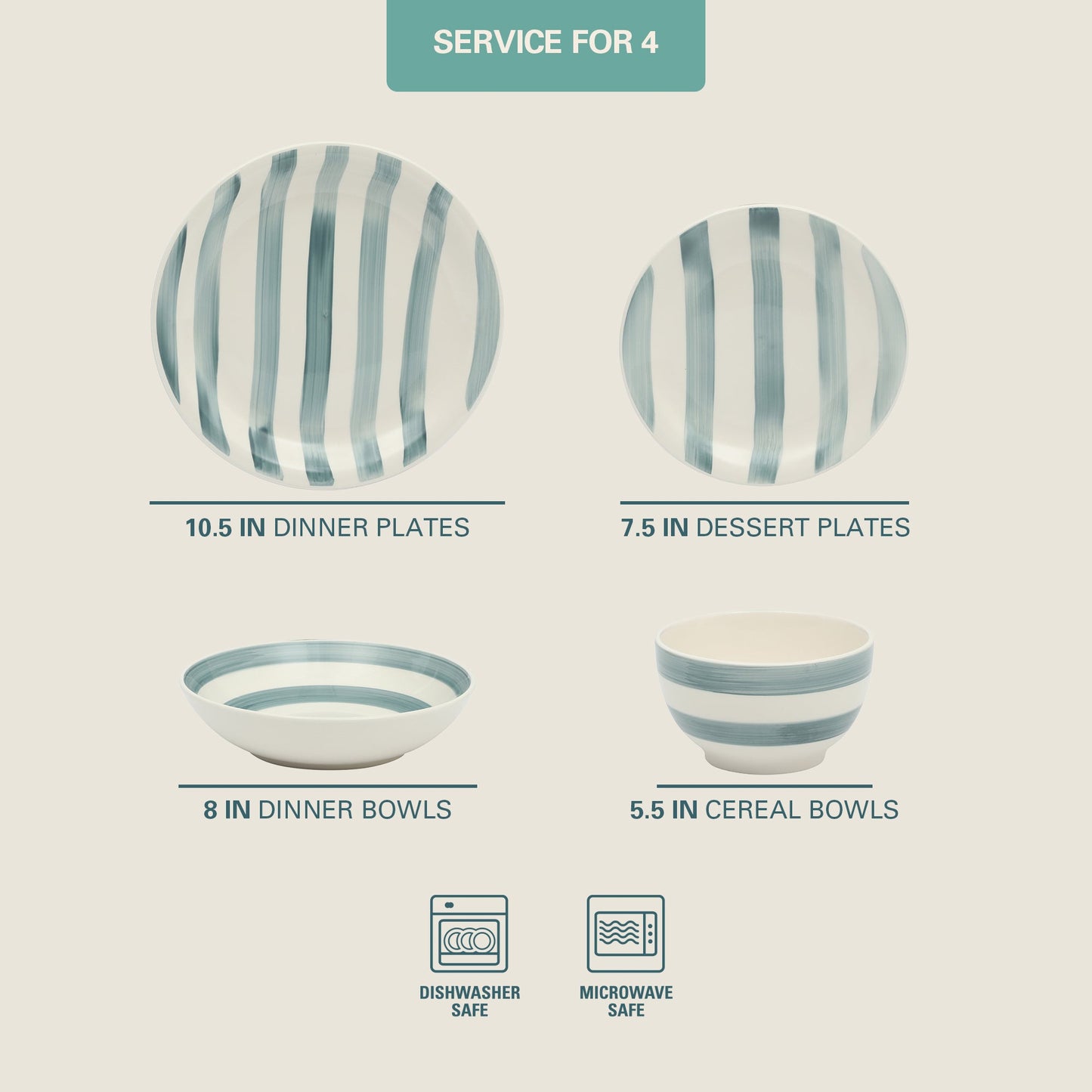 Gibson Home Kenwood Shores 16 Piece Dinnerware Set, Striped, Stoneware, Hand-Painted Plates and Bowls, Service for 4, Microwave & Dishwasher Safe