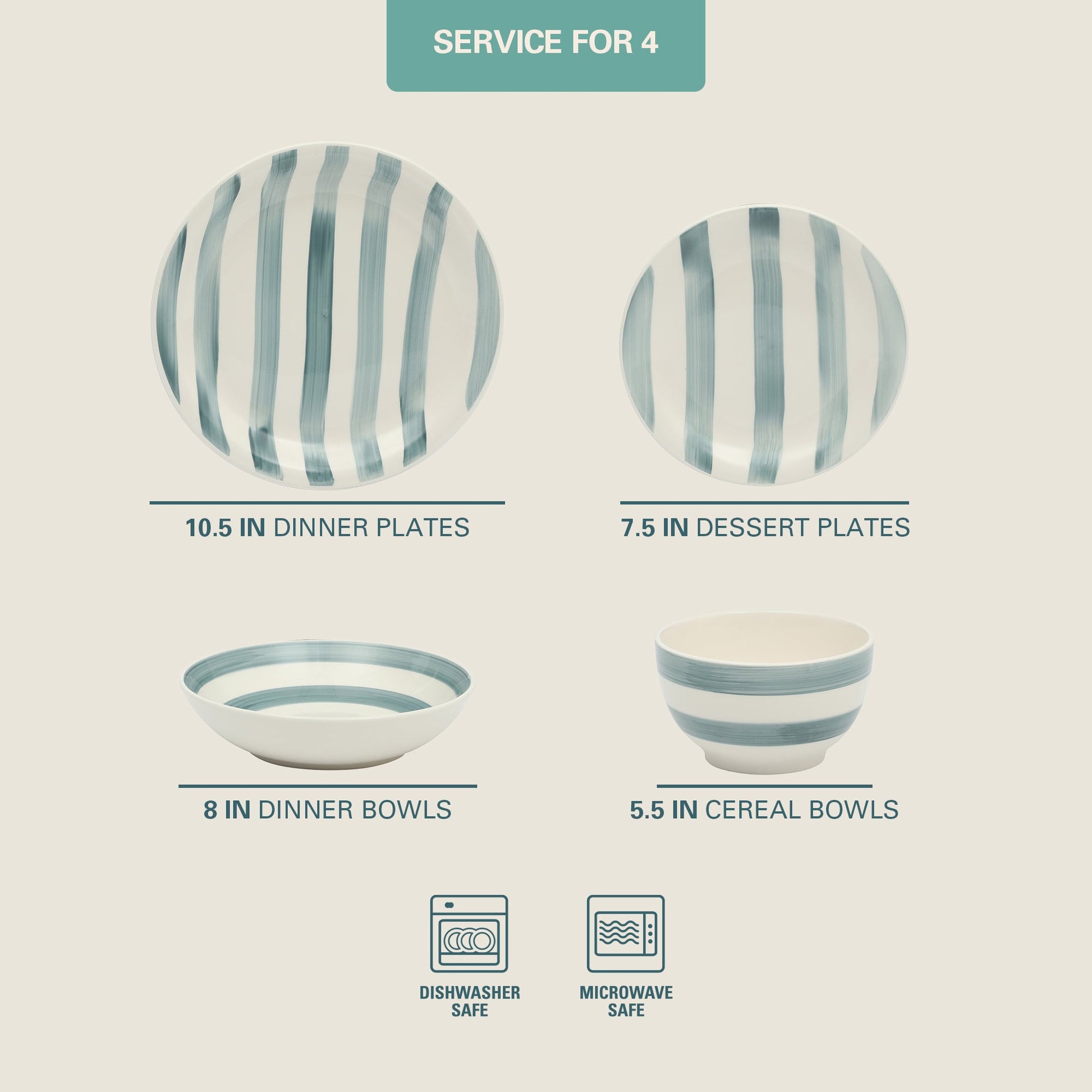 Gibson Home Kenwood Shores 16 Piece Dinnerware Set, Striped, Stoneware, Hand-Painted Plates and Bowls, Service for 4, Microwave & Dishwasher Safe