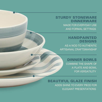 Gibson Home Kenwood Shores 16 Piece Dinnerware Set, Striped, Stoneware, Hand-Painted Plates and Bowls, Service for 4, Microwave & Dishwasher Safe