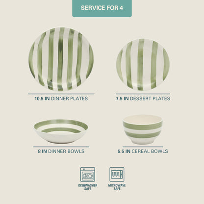 Gibson Home Kenwood Shores 16 Piece Dinnerware Set, Striped, Stoneware, Hand-Painted Plates and Bowls, Service for 4, Microwave & Dishwasher Safe
