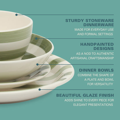 Gibson Home Kenwood Shores 16 Piece Dinnerware Set, Striped, Stoneware, Hand-Painted Plates and Bowls, Service for 4, Microwave & Dishwasher Safe