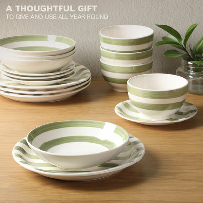 Gibson Home Kenwood Shores 16 Piece Dinnerware Set, Striped, Stoneware, Hand-Painted Plates and Bowls, Service for 4, Microwave & Dishwasher Safe