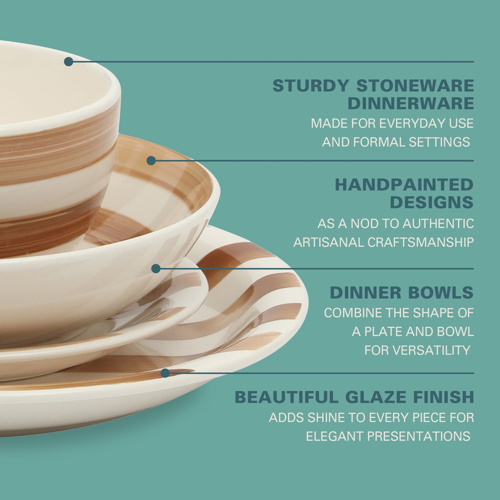 Gibson Home Kenwood Shores 16 Piece Dinnerware Set, Striped, Stoneware, Hand-Painted Plates and Bowls, Service for 4, Microwave & Dishwasher Safe