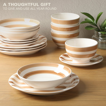 Gibson Home Kenwood Shores 16 Piece Dinnerware Set, Striped, Stoneware, Hand-Painted Plates and Bowls, Service for 4, Microwave & Dishwasher Safe