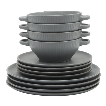 Gibson Elite Clover Hill 12-Piece Stoneware Dinnerware Set – Embossed Plates and Bowls with Matte Speckled Reactive Glaze, Service for 4 – Microwave & Dishwasher Safe