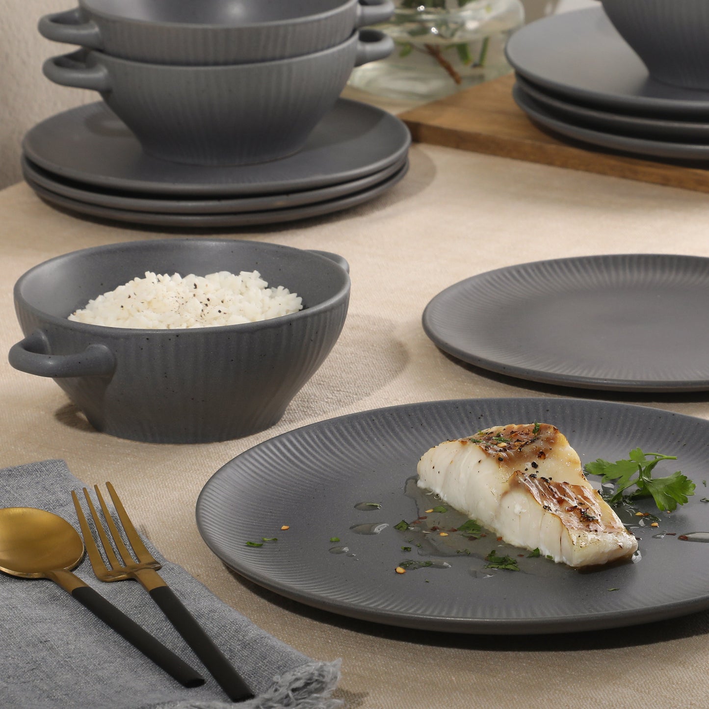 Gibson Elite Clover Hill 12-Piece Stoneware Dinnerware Set – Embossed Plates and Bowls with Matte Speckled Reactive Glaze, Service for 4 – Microwave & Dishwasher Safe