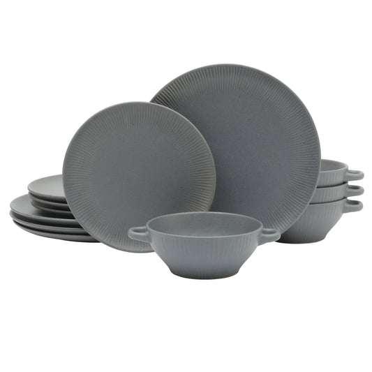 Gibson Elite Clover Hill 12-Piece Stoneware Dinnerware Set – Embossed Plates and Bowls with Matte Speckled Reactive Glaze, Service for 4 – Microwave & Dishwasher Safe