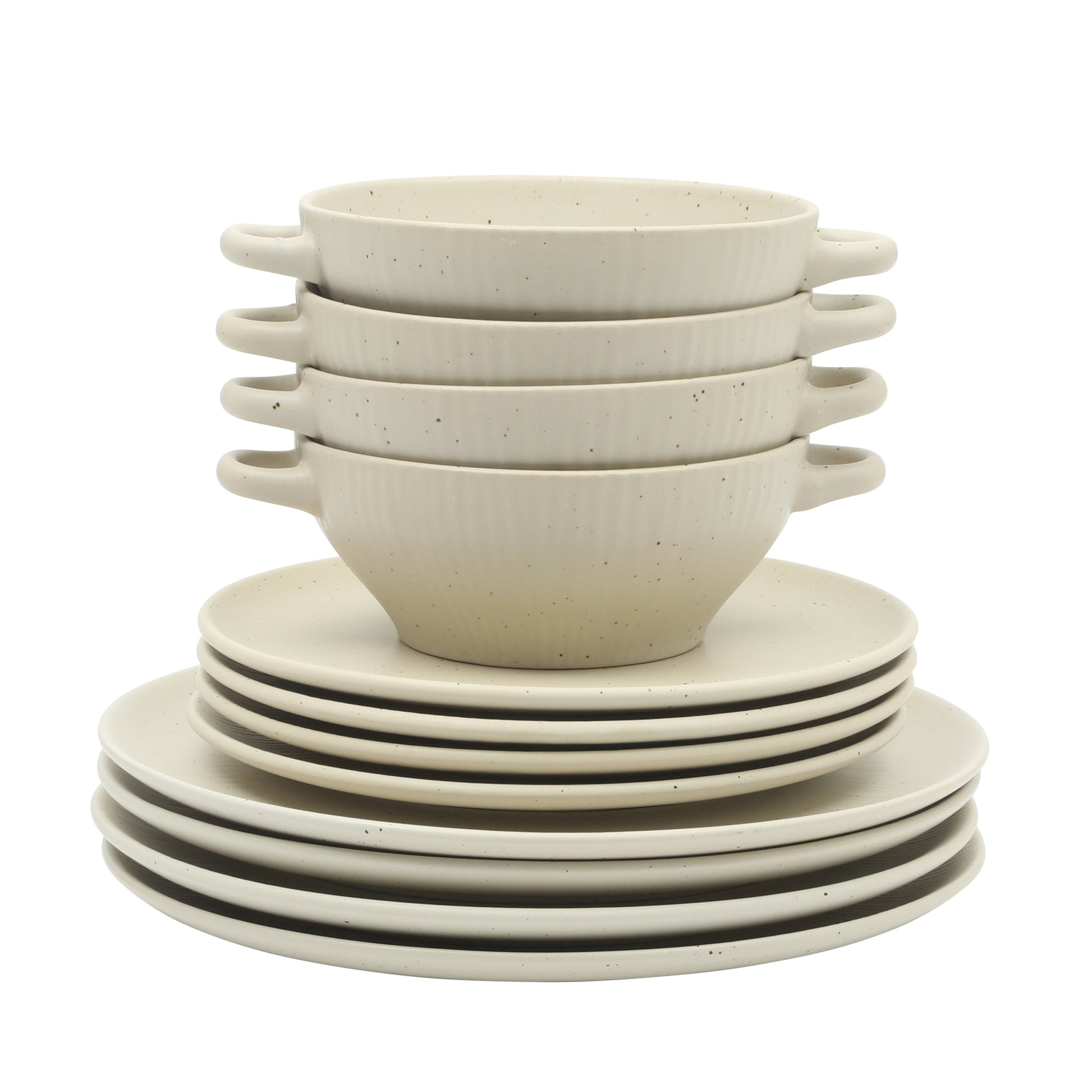 Gibson Elite Clover Hill 12-Piece Stoneware Dinnerware Set – Embossed Plates and Bowls with Matte Speckled Reactive Glaze, Service for 4 – Microwave & Dishwasher Safe