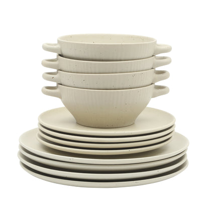 Gibson Elite Clover Hill 12-Piece Stoneware Dinnerware Set – Embossed Plates and Bowls with Matte Speckled Reactive Glaze, Service for 4 – Microwave & Dishwasher Safe