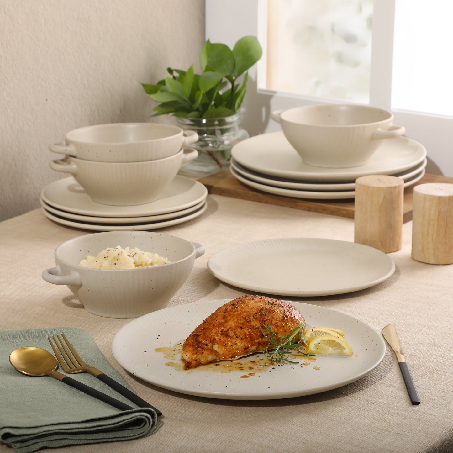 Gibson Elite Clover Hill 12-Piece Stoneware Dinnerware Set – Embossed Plates and Bowls with Matte Speckled Reactive Glaze, Service for 4 – Microwave & Dishwasher Safe