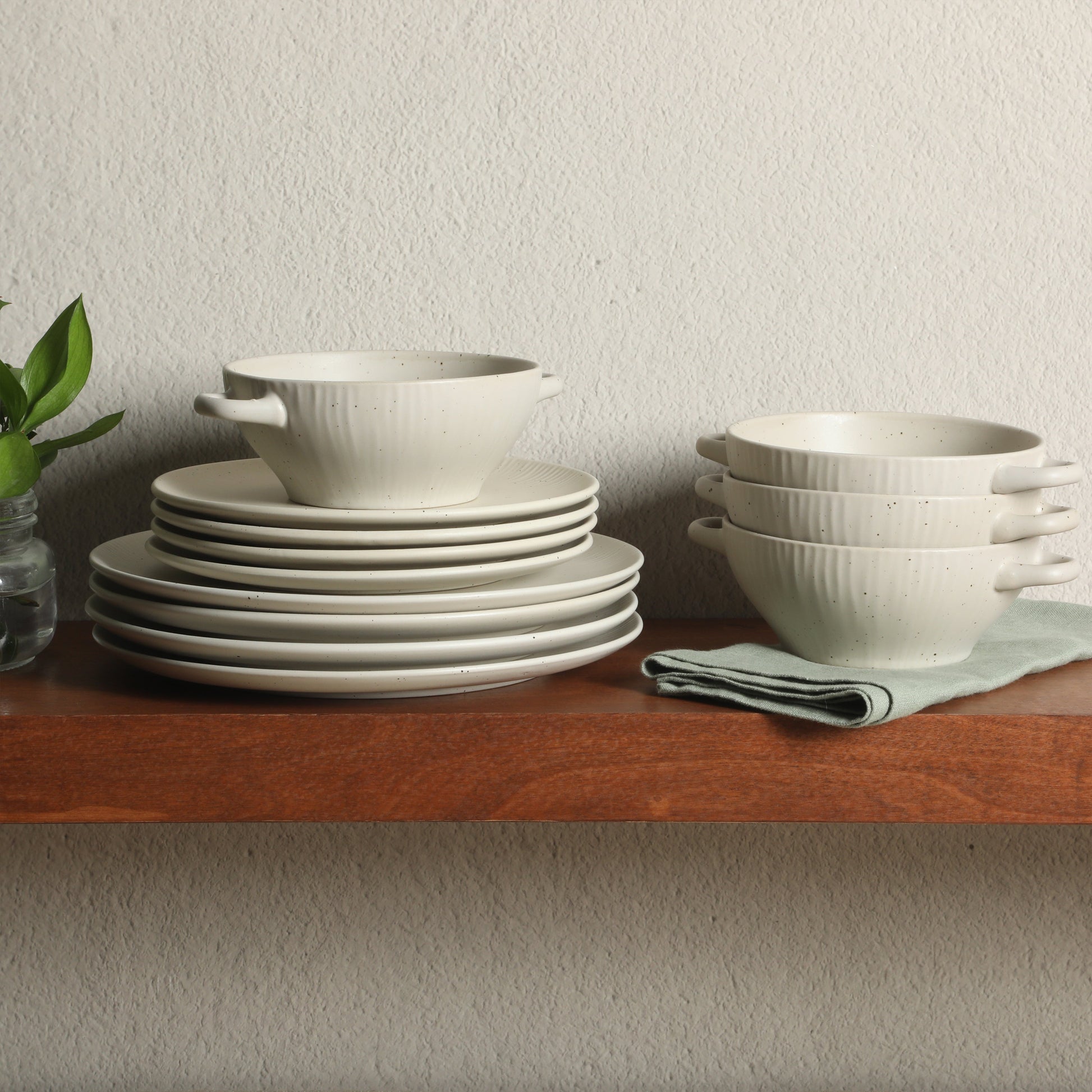 Gibson Elite Clover Hill 12-Piece Stoneware Dinnerware Set – Embossed Plates and Bowls with Matte Speckled Reactive Glaze, Service for 4 – Microwave & Dishwasher Safe