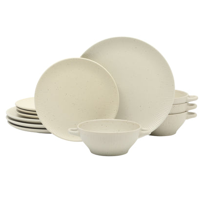 Gibson Elite Clover Hill 12-Piece Stoneware Dinnerware Set – Embossed Plates and Bowls with Matte Speckled Reactive Glaze, Service for 4 – Microwave & Dishwasher Safe