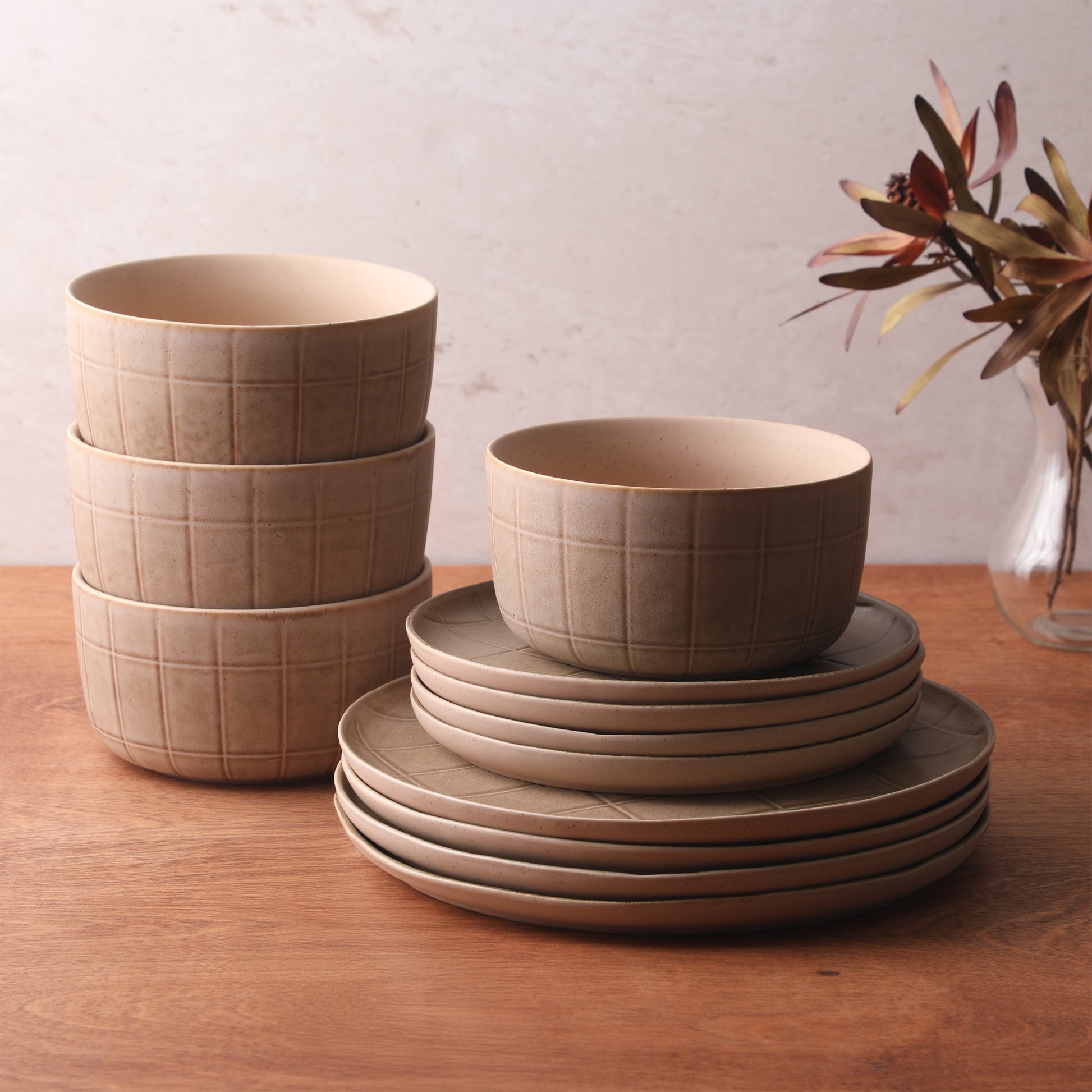 Gisbon Elite Butterwick 12 Piece Plates and Bowls Stoneware Dinnerware Set - Reactive Glaze Patterned Dishes - Microwave and Dishwasher Safe