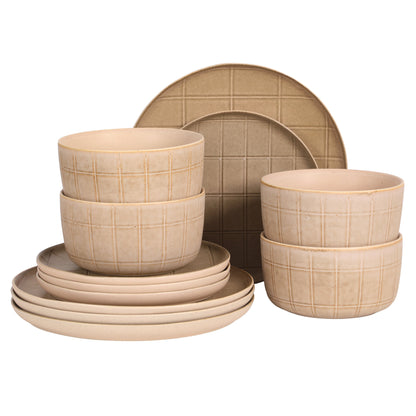 Gisbon Elite Butterwick 12 Piece Plates and Bowls Stoneware Dinnerware Set - Reactive Glaze Patterned Dishes - Microwave and Dishwasher Safe