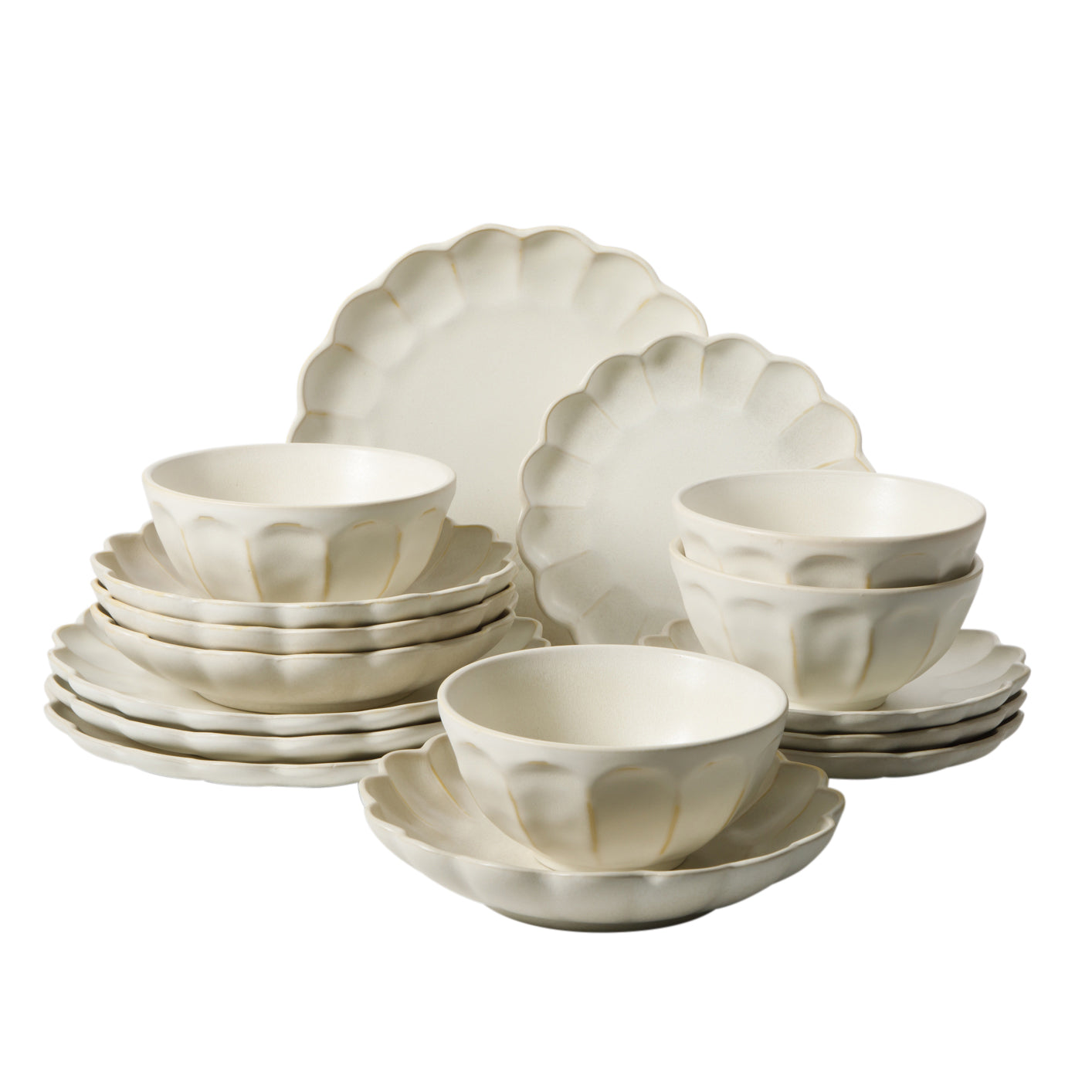 Bloomhouse - 2 Time Oprah's Favorite Things - Yuelu Bloom Dinnerware Set - Scallop Embossed 16 Piece (Service for 4) Plates and Bowls Set - Jasmine White