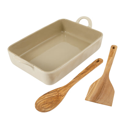 Bloomhouse 3-Piece 4.8-Quart 9 X 13 Ceramic Bakeware Set with Olive Wood Tools – Linen/Taupe Baking Dish with Handles, Oven Safe, Durable Stoneware for Casseroles, Roasting & Serving