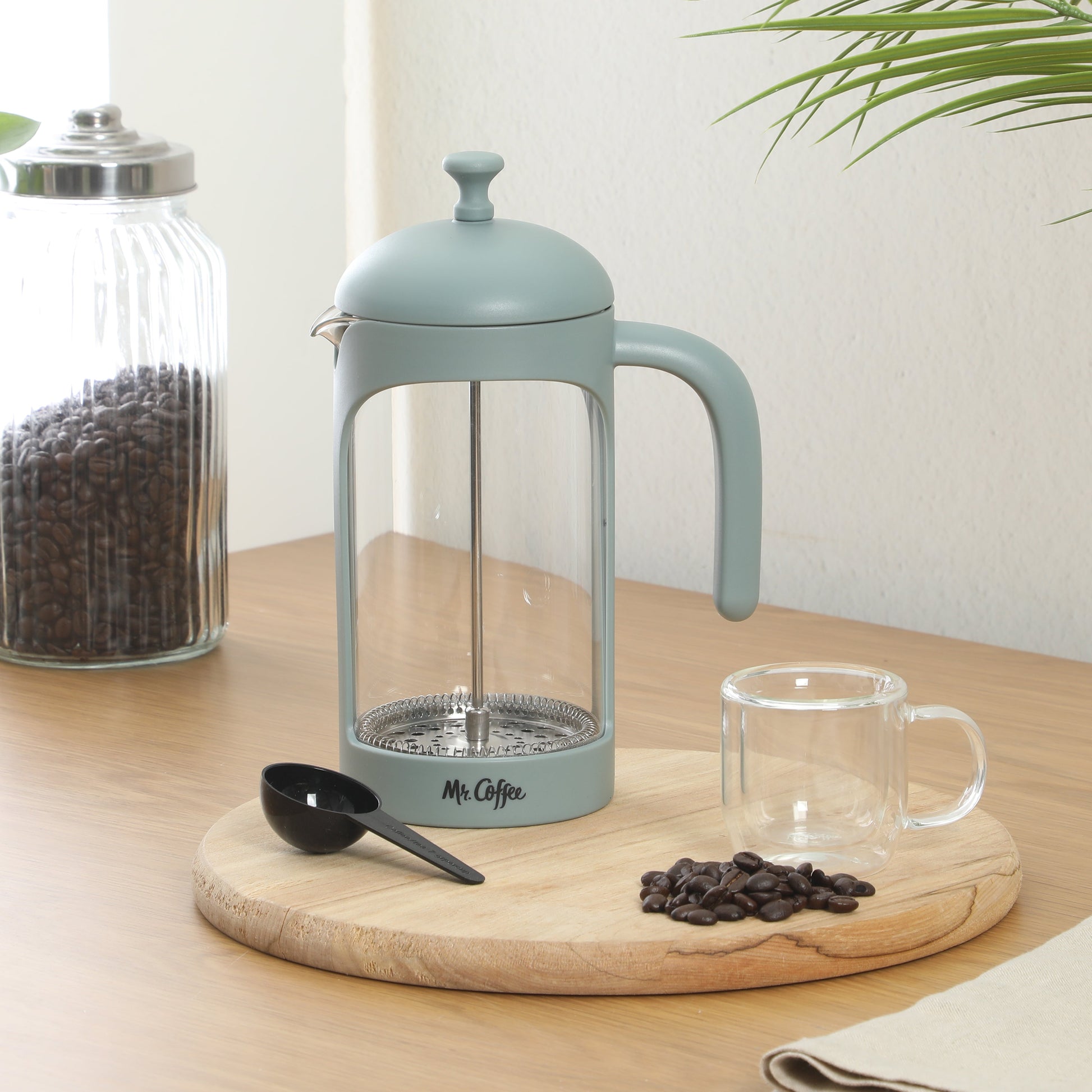 Mr. Coffee Retro Brew French Press Coffee Maker, 31 oz. Glass Carafe with High Heat Resistant Durable Borosilicate Glass & Colorful Frame and Plunger, Includes Coffee Scoop