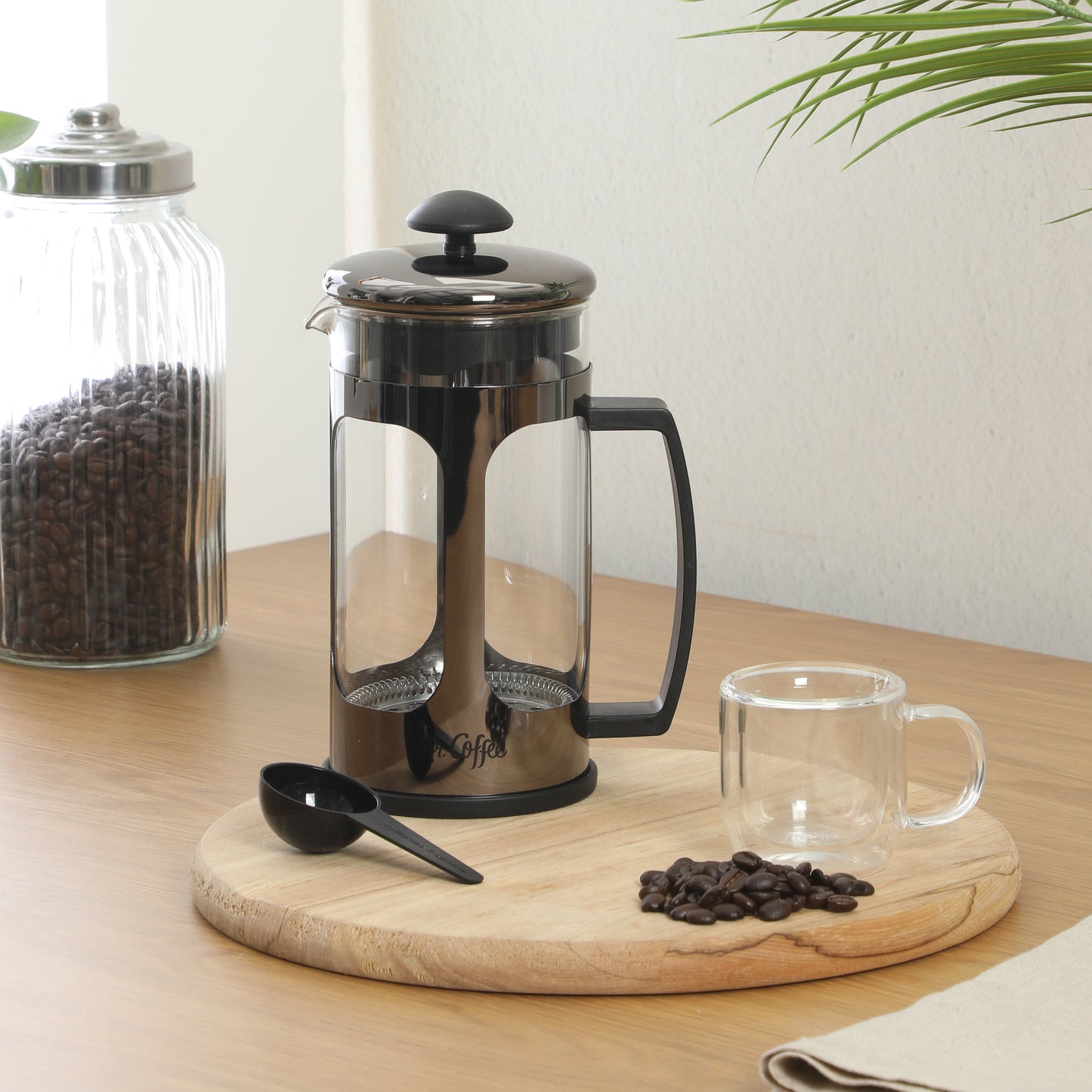 Mr. Coffee Daily Brew French Press Coffee Maker, 30 oz Glass Carafe with High Heat Resistant Durable Borasilicate Glass & Metal Frame and Plunger, Includes Coffee Scoop