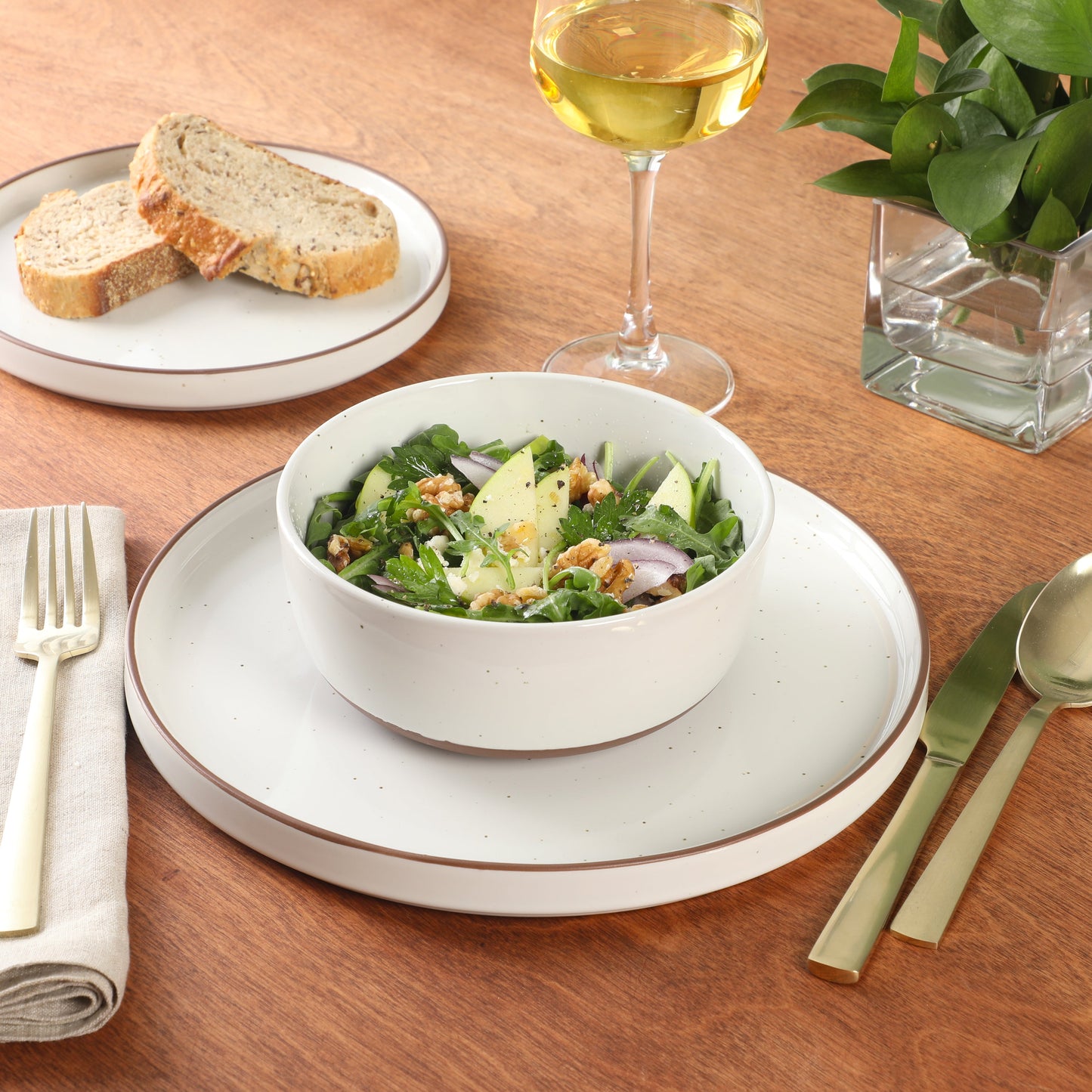 Gibson Elite Northrock Stoneware Dinnerware Set, 12-Piece Service for 4 Plates and Bowls Set – Dishes with Hand-Painted Terracotta Base