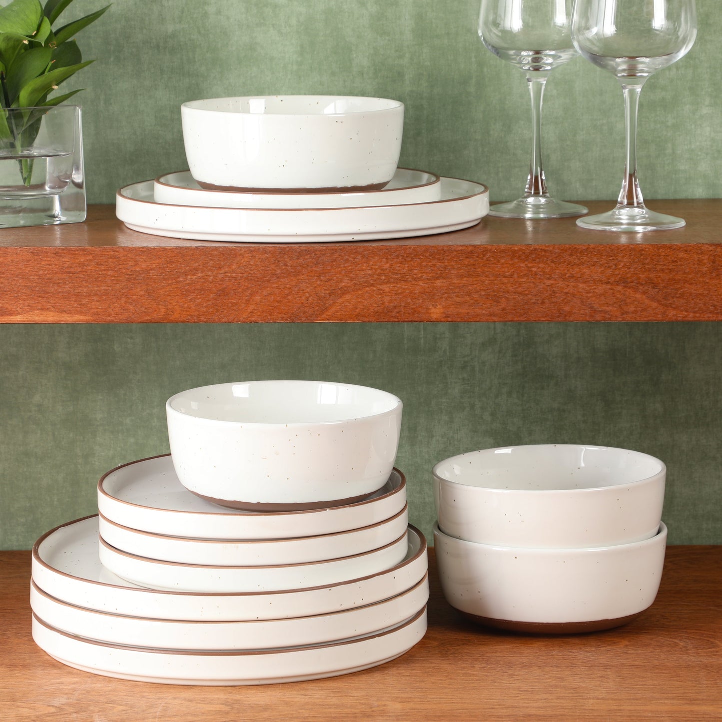 Gibson Elite Northrock Stoneware Dinnerware Set, 12-Piece Service for 4 Plates and Bowls Set – Dishes with Hand-Painted Terracotta Base