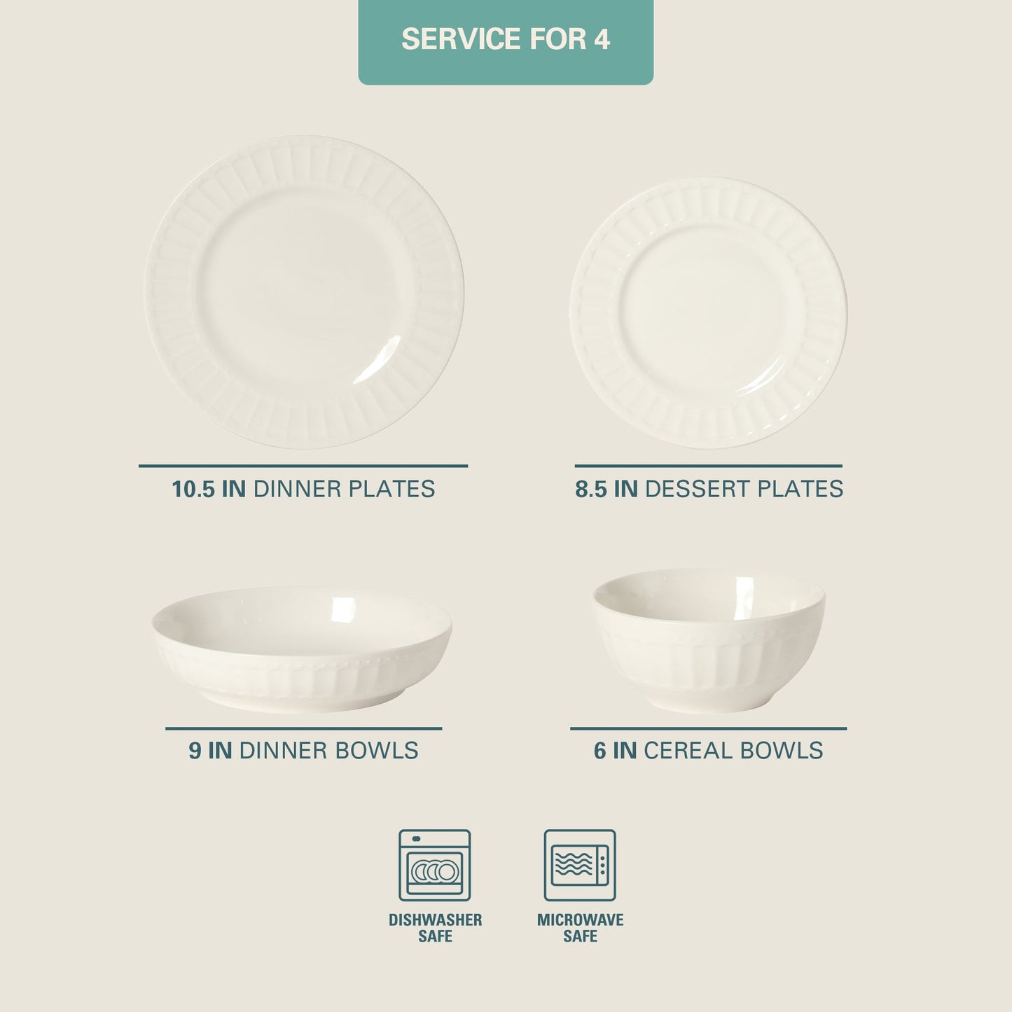 Gibson Home Melbourne White Plates and Bowls Set, 16 Piece Embossed Ceramic Dinnerware Set - Service for 4 Dishes - With Pasta Bowl