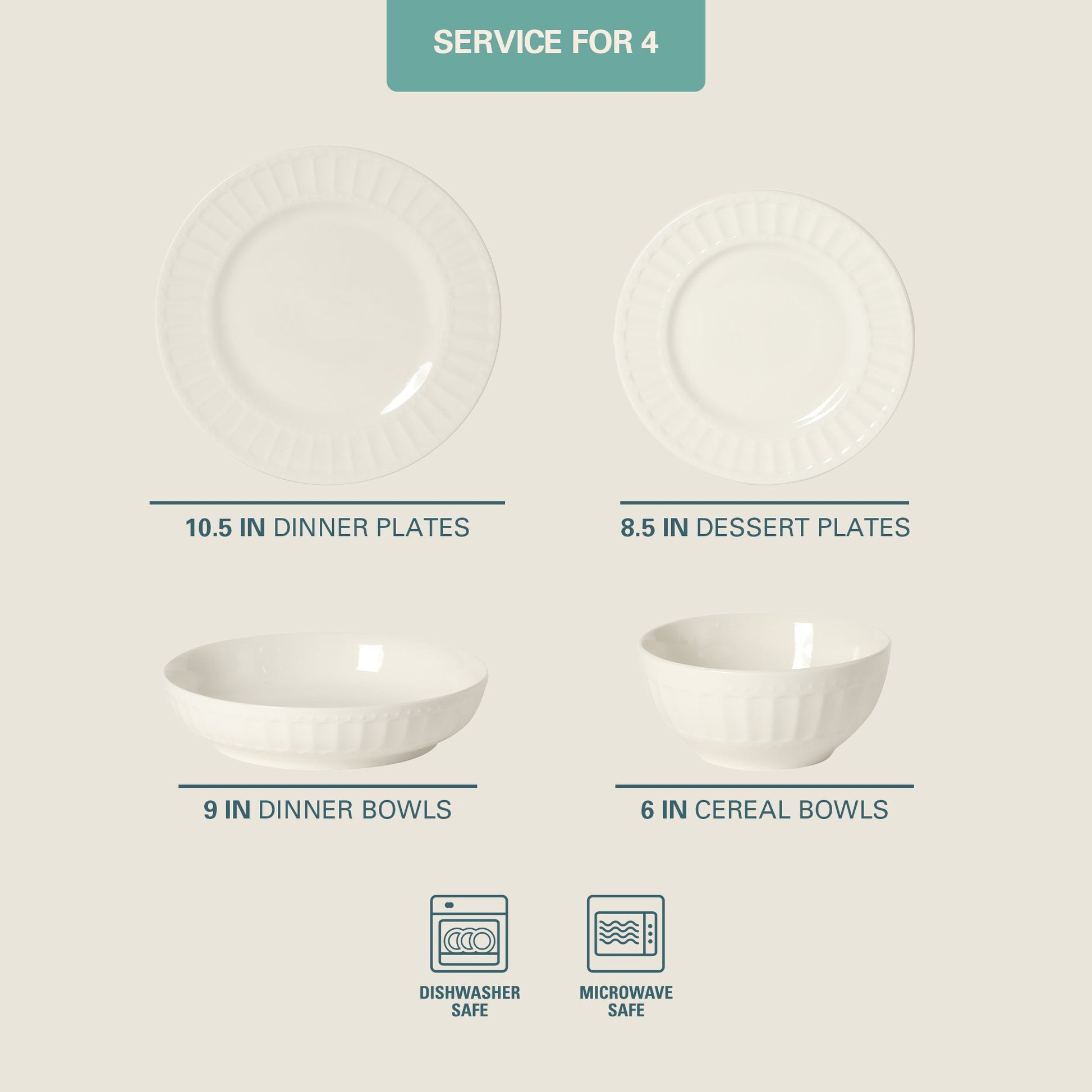 Gibson Home Melbourne White Plates and Bowls Set, 16 Piece Embossed Ceramic Dinnerware Set - Service for 4 Dishes - With Pasta Bowl