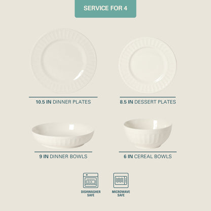 Gibson Home Melbourne White Plates and Bowls Set, 16 Piece Embossed Ceramic Dinnerware Set - Service for 4 Dishes - With Pasta Bowl