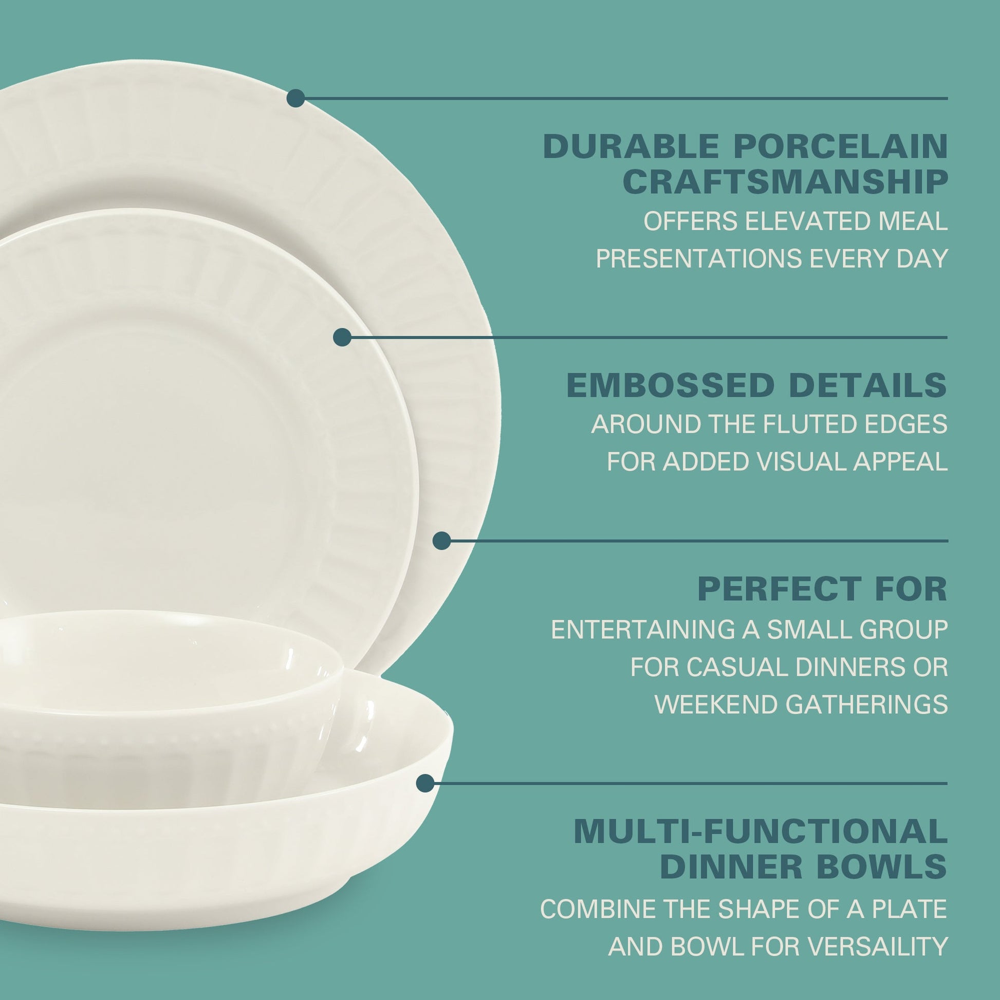 Gibson Home Melbourne White Plates and Bowls Set, 16 Piece Embossed Ceramic Dinnerware Set - Service for 4 Dishes - With Pasta Bowl