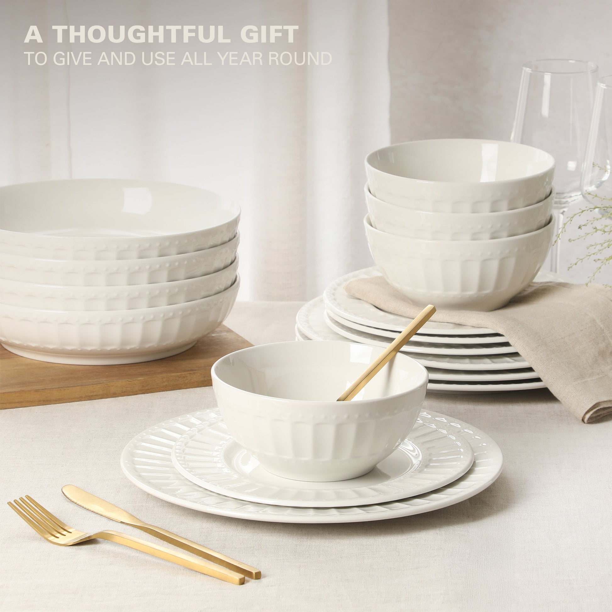 Gibson Home Melbourne White Plates and Bowls Set, 16 Piece Embossed Ceramic Dinnerware Set - Service for 4 Dishes - With Pasta Bowl