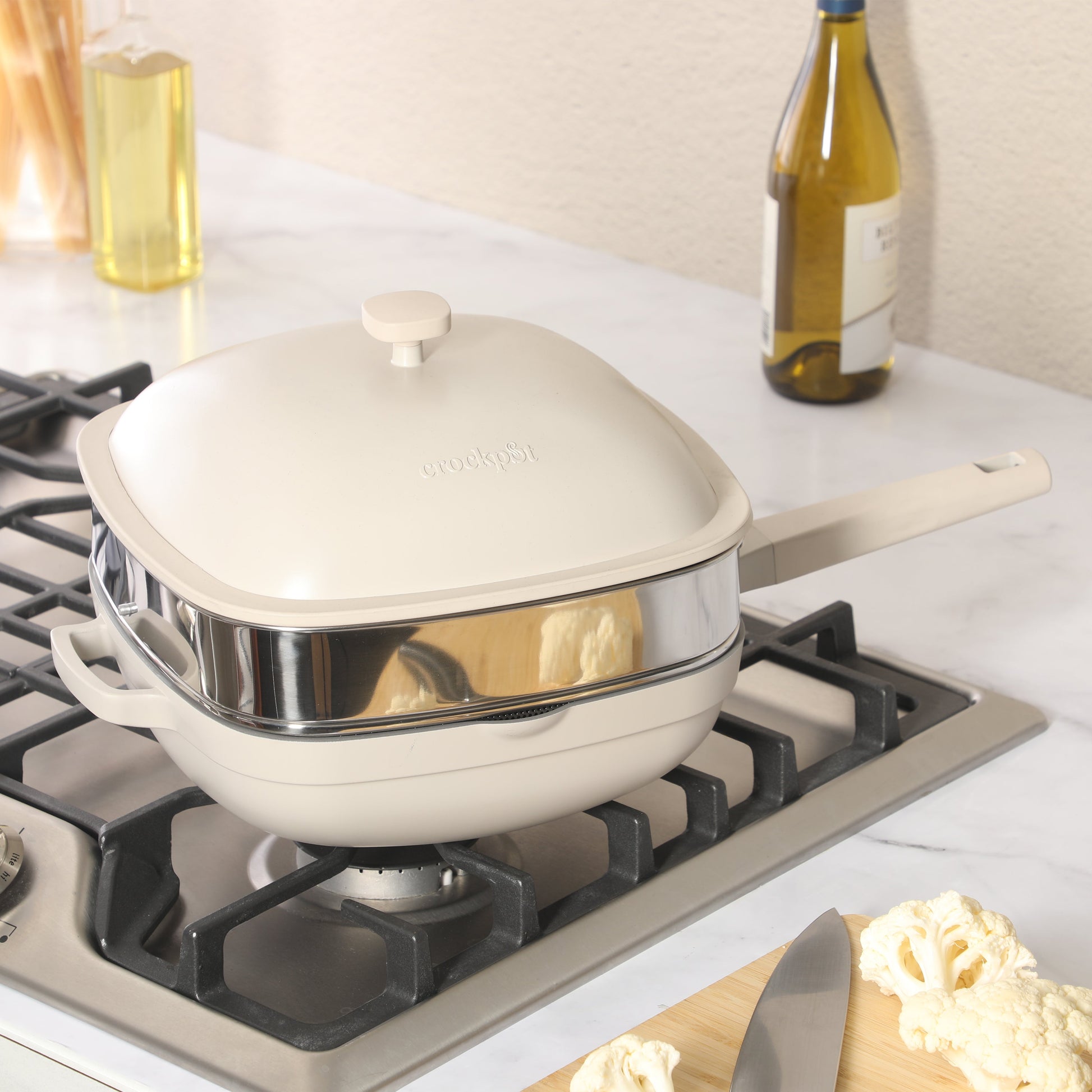 Crock Pot Northvale 5.3 Quart Ceramic Nonstick Sauté Pan with Steamer Basket & Lid, Cast Aluminum Pan with Induction Base and Soft-Touch Handle