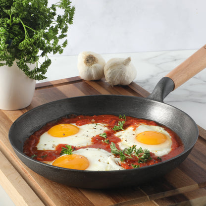 Oster Platinum Flintfield 9.5 Inch Pre-Seasoned Cast Iron Skillet with Wood Handle, Natural Nonstick Lightweight Cast Iron Frying Pan for Searing, Sautéing & Everyday Cooking