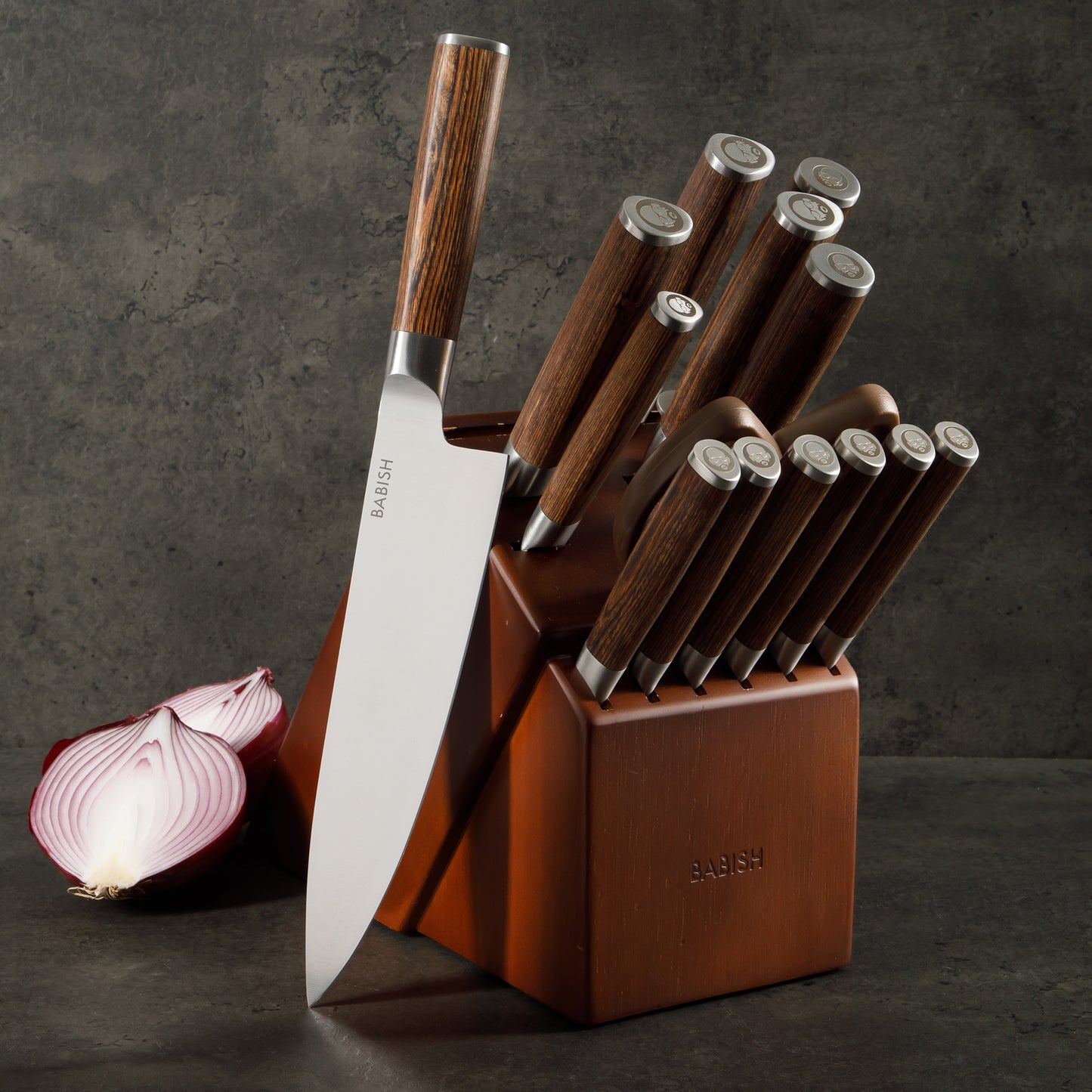 Babish High-Carbon 1.4116 German Steel 15 Piece Full Tang Forged Cutlery Kitchen Knife Block Set - Light/Dark Pakka Wood Handle