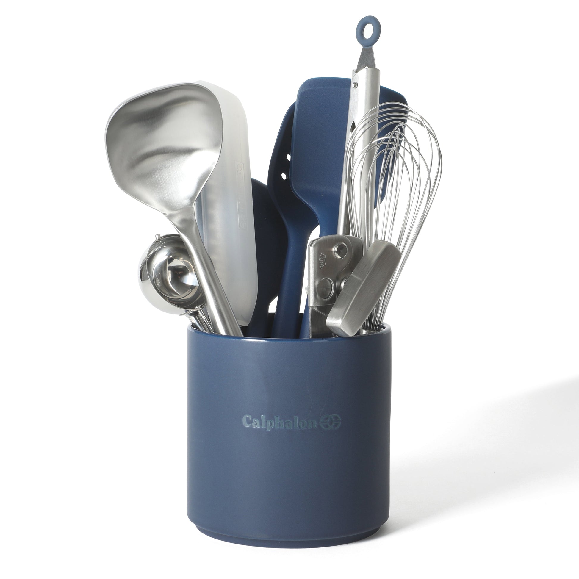 Calphalon Edge Kitchen Utensil and Gadget Set with Crock, 10-Piece Cooking Utensils, Navy, Stainless Steel and Silicone Tools and Gadget Set - Blue