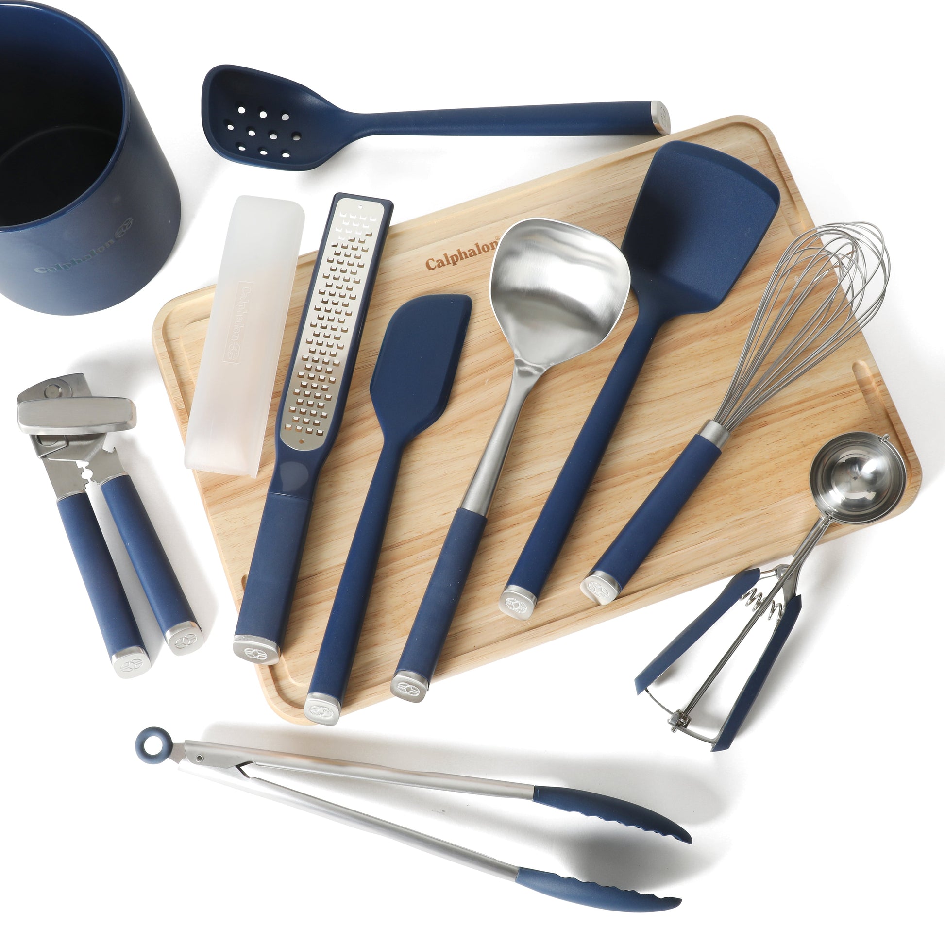 Calphalon Edge Kitchen Utensil and Gadget Set with Crock, 10-Piece Cooking Utensils, Navy, Stainless Steel and Silicone Tools and Gadget Set - Blue