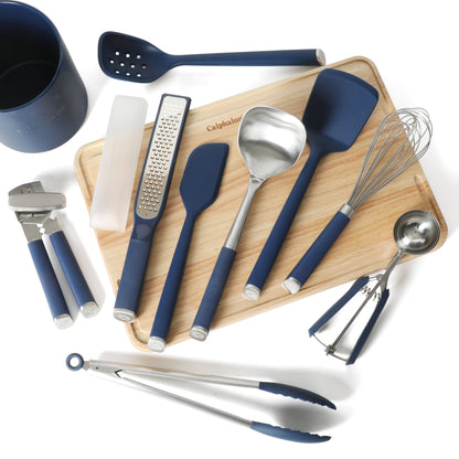Calphalon Edge Kitchen Utensil and Gadget Set with Crock, 10-Piece Cooking Utensils, Navy, Stainless Steel and Silicone Tools and Gadget Set - Blue