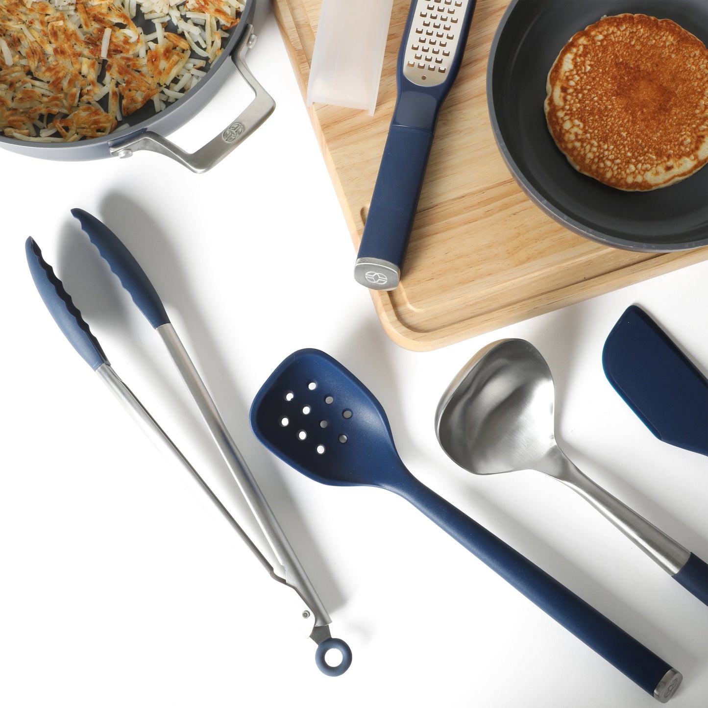 Calphalon Edge Kitchen Utensil and Gadget Set with Crock, 10-Piece Cooking Utensils, Navy, Stainless Steel and Silicone Tools and Gadget Set - Blue