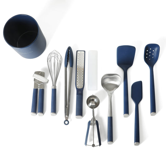 Calphalon Edge Kitchen Utensil and Gadget Set with Crock, 10-Piece Cooking Utensils, Navy, Stainless Steel and Silicone Tools and Gadget Set - Blue