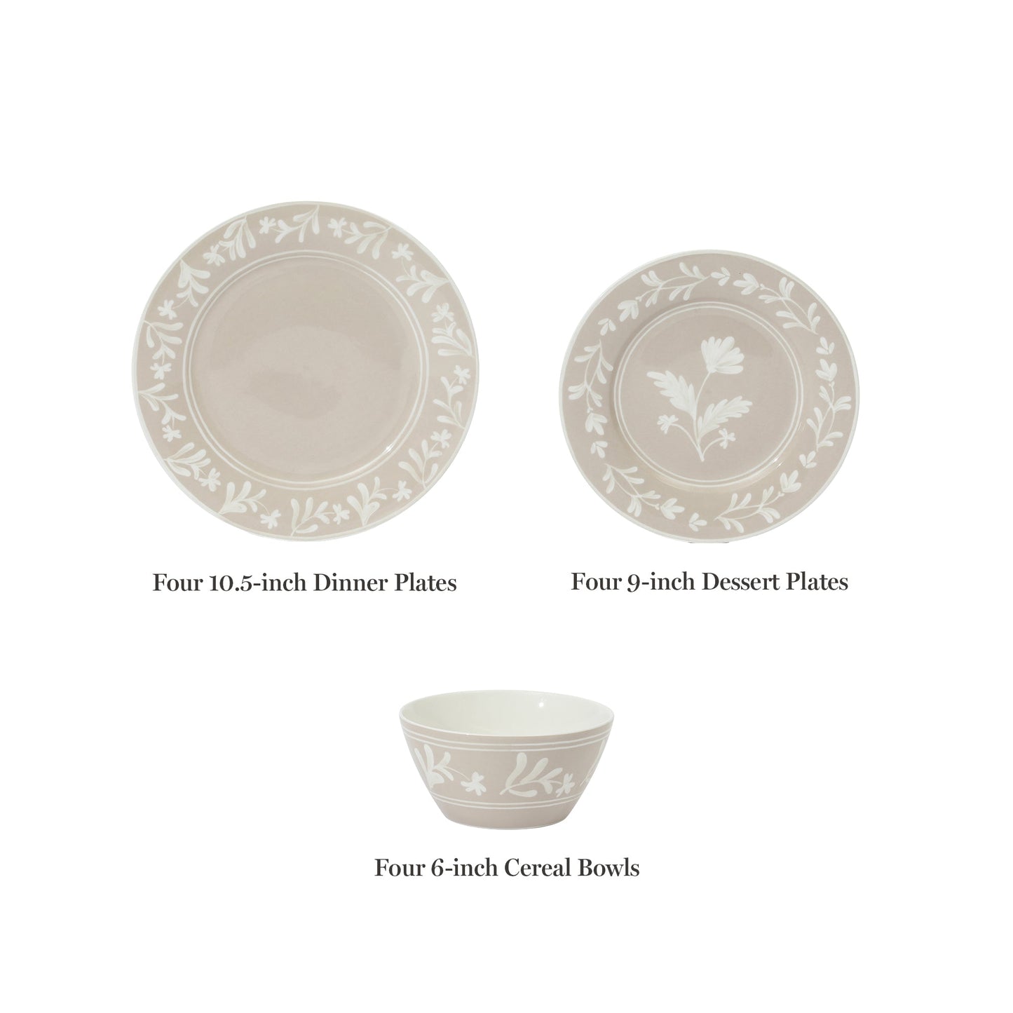 Martha Stewart Maiden Crown 12-Piece Dinnerware Set – Vegan Bone China Ceramic Plates & Bowls – Floral Design – Service for 4 – Dishwasher & Microwave Safe