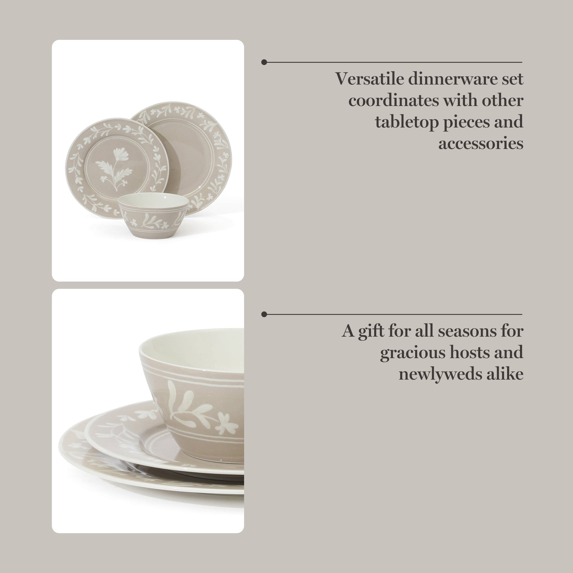 Martha Stewart Maiden Crown 12-Piece Dinnerware Set – Vegan Bone China Ceramic Plates & Bowls – Floral Design – Service for 4 – Dishwasher & Microwave Safe