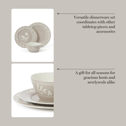 Martha Stewart Maiden Crown 12-Piece Dinnerware Set – Vegan Bone China Ceramic Plates & Bowls – Floral Design – Service for 4 – Dishwasher & Microwave Safe