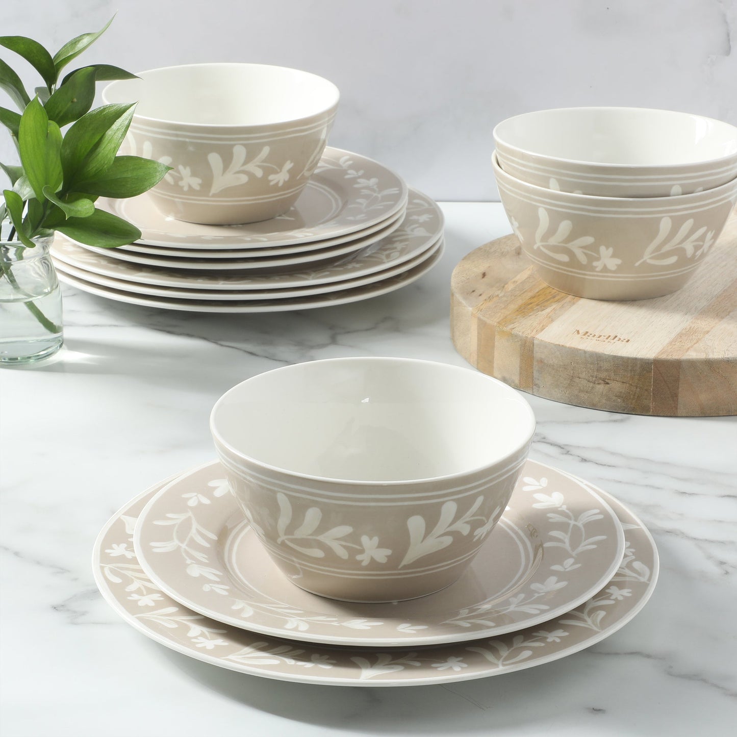 Martha Stewart Maiden Crown 12-Piece Dinnerware Set – Vegan Bone China Ceramic Plates & Bowls – Floral Design – Service for 4 – Dishwasher & Microwave Safe
