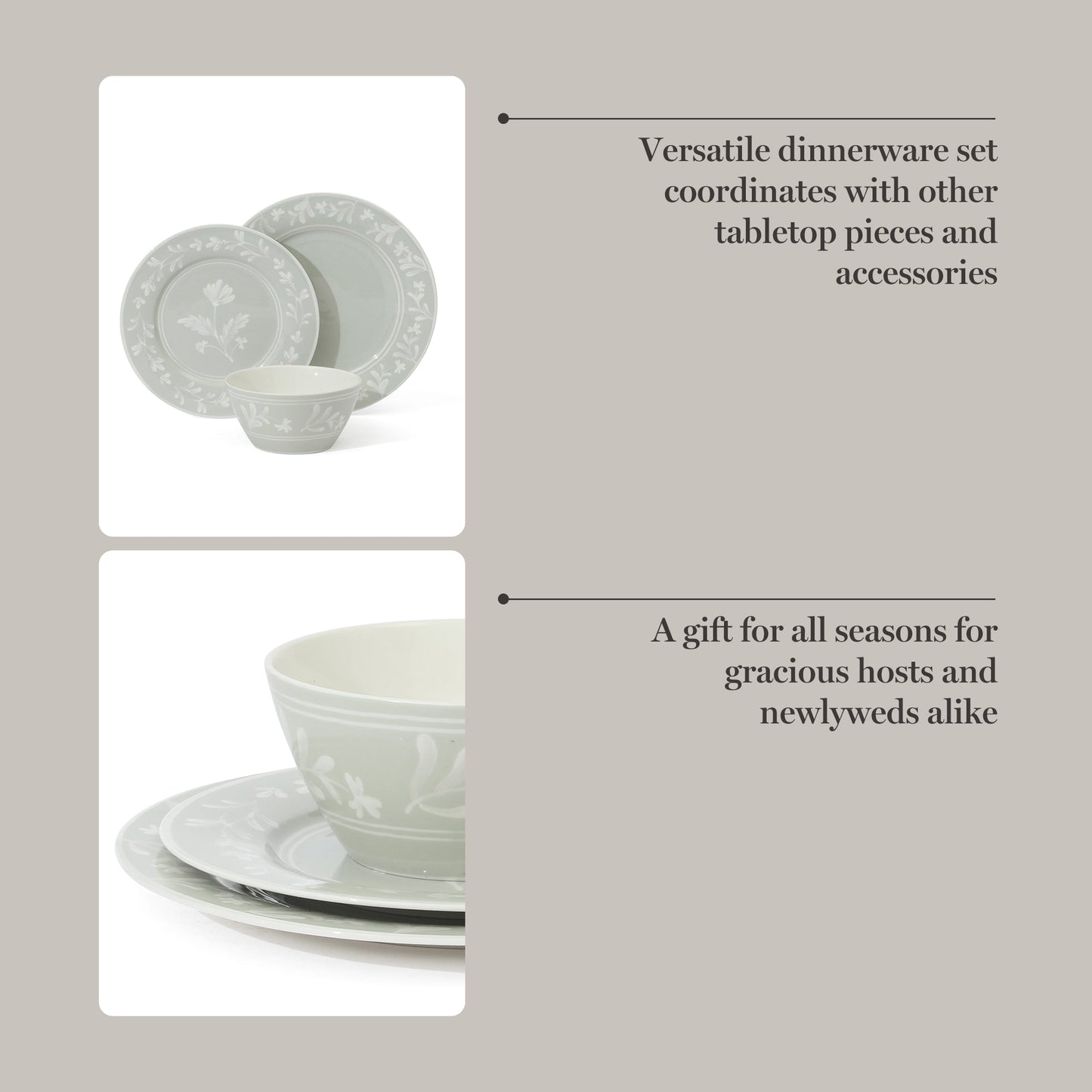 Martha Stewart Maiden Crown 12-Piece Dinnerware Set – Vegan Bone China Ceramic Plates & Bowls – Floral Design – Service for 4 – Dishwasher & Microwave Safe