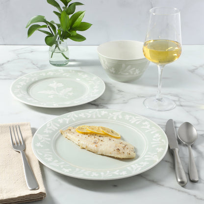Martha Stewart Maiden Crown 12-Piece Dinnerware Set – Vegan Bone China Ceramic Plates & Bowls – Floral Design – Service for 4 – Dishwasher & Microwave Safe