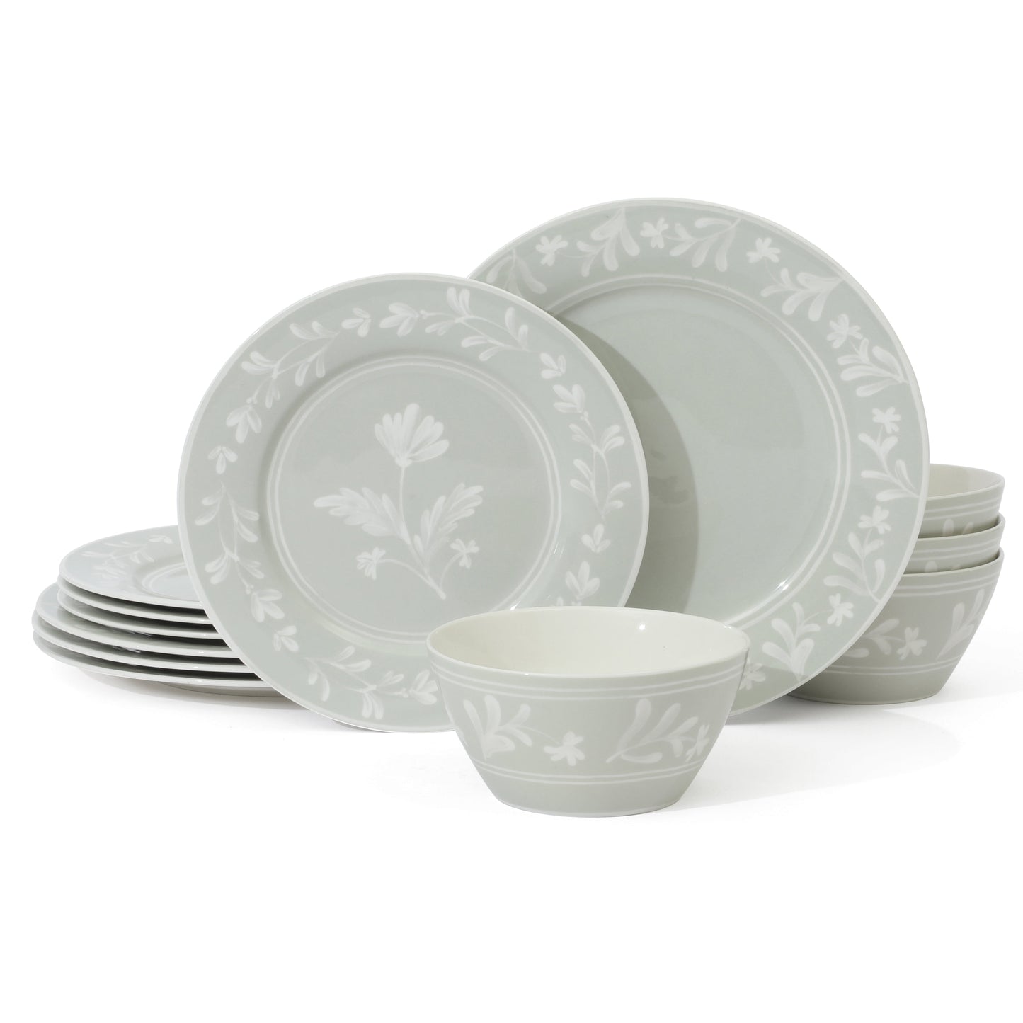 Martha Stewart Maiden Crown 12-Piece Dinnerware Set – Vegan Bone China Ceramic Plates & Bowls – Floral Design – Service for 4 – Dishwasher & Microwave Safe