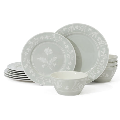 Martha Stewart Maiden Crown 12-Piece Dinnerware Set – Vegan Bone China Ceramic Plates & Bowls – Floral Design – Service for 4 – Dishwasher & Microwave Safe