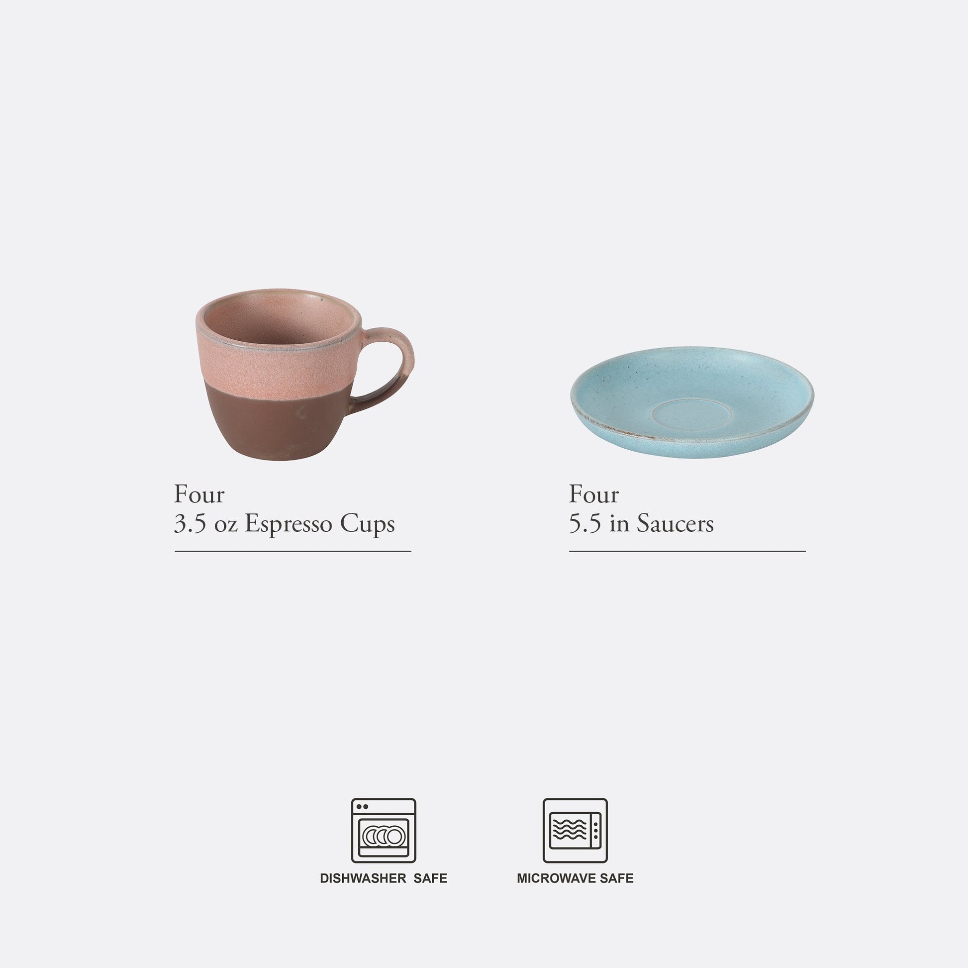 Gibson Elite William Crest 8 Piece Cup & Saucer Set, 4 Stoneware Cups & 4 Saucers, Reactive Glaze Finish, 3.5oz Espresso Cups, 5.5” Saucers, Round Coffee Set, Microwave & Dishwasher Safe