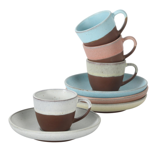 Gibson Elite William Crest 8 Piece Cup & Saucer Set, 4 Stoneware Cups & 4 Saucers, Reactive Glaze Finish, 3.5oz Espresso Cups, 5.5” Saucers, Round Coffee Set, Microwave & Dishwasher Safe