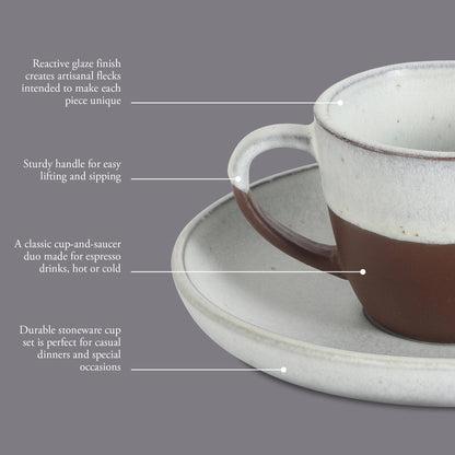 Gibson Elite William Crest 8 Piece Cup & Saucer Set, 4 Stoneware Cups & 4 Saucers, Reactive Glaze Finish, 3.5oz Espresso Cups, 5.5” Saucers, Round Coffee Set, Microwave & Dishwasher Safe